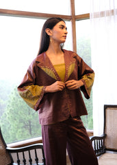 Burgundy striped chanderi kimono jacket and pants set with two toned green appliqué embroidery