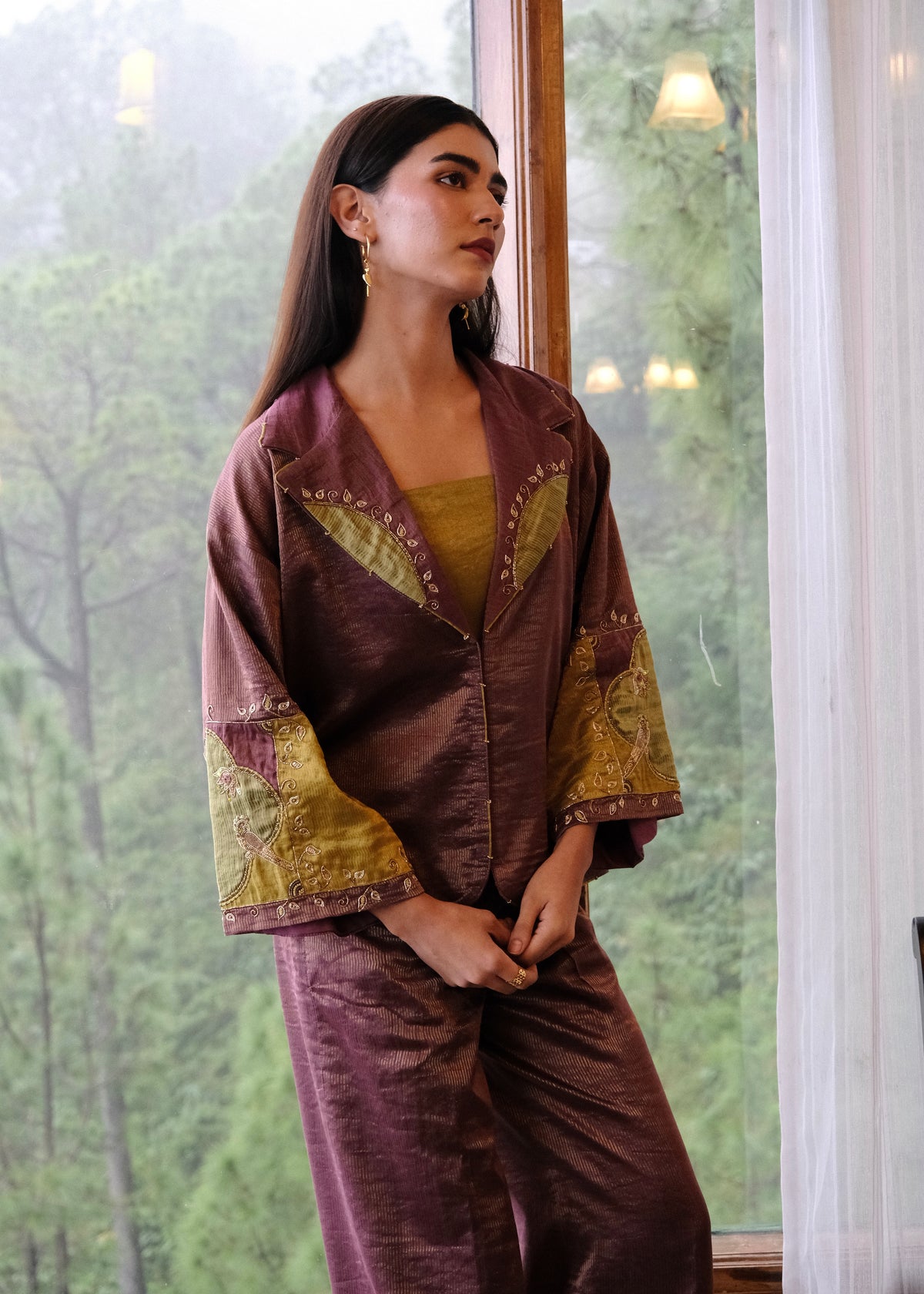Burgundy striped chanderi kimono jacket and pants set with two toned green appliqué embroidery