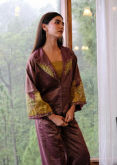 Burgundy striped chanderi kimono jacket and pants set with two toned green appliqué embroidery