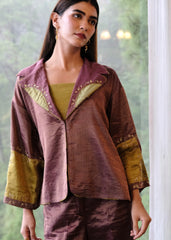 Burgundy striped chanderi kimono jacket and pants set with two toned green appliqué embroidery