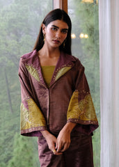 Burgundy striped chanderi kimono jacket and pants set with two toned green appliqué embroidery