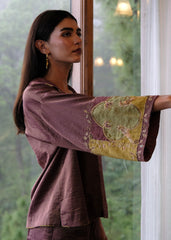 Burgundy striped chanderi kimono jacket and pants set with two toned green appliqué embroidery