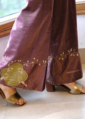 Burgundy striped chanderi kimono jacket and pants set with two toned green appliqué embroidery