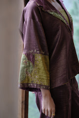 Burgundy striped chanderi kimono jacket and pants set with two toned green appliqué embroidery