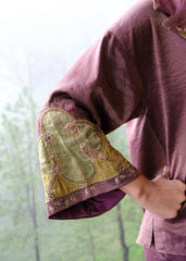 Burgundy striped chanderi kimono jacket and pants set with two toned green appliqué embroidery