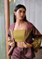 Burgundy striped chanderi kimono jacket and pants set with two toned green appliqué embroidery