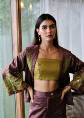 Burgundy striped chanderi kimono jacket and pants set with two toned green appliqué embroidery