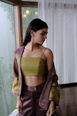 Burgundy striped chanderi kimono jacket and pants set with two toned green appliqué embroidery