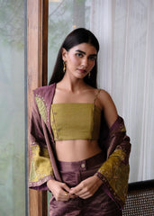 Burgundy striped chanderi kimono jacket and pants set with two toned green appliqué embroidery
