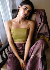 Burgundy striped chanderi kimono jacket and pants set with two toned green appliqué embroidery