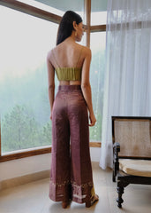 Burgundy striped chanderi kimono jacket and pants set with two toned green appliqué embroidery