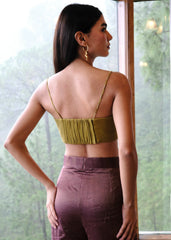 Burgundy striped chanderi kimono jacket and pants set with two toned green appliqué embroidery