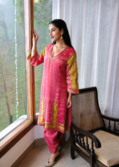 Coral pink striped tissue chanderi kurta set with deer motif embroidery