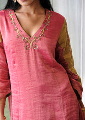 Coral pink striped tissue chanderi kurta set with deer motif embroidery