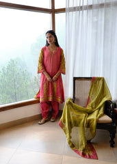 Coral pink striped tissue chanderi kurta set with deer motif embroidery