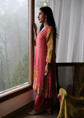 Coral pink striped tissue chanderi kurta set with deer motif embroidery