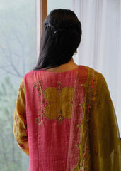 Coral pink striped tissue chanderi kurta set with deer motif embroidery