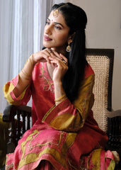Coral pink striped tissue chanderi kurta set with deer motif embroidery