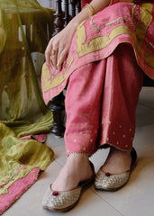 Coral pink striped tissue chanderi kurta set with deer motif embroidery