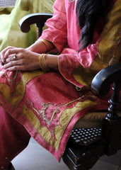 Coral pink striped tissue chanderi kurta set with deer motif embroidery