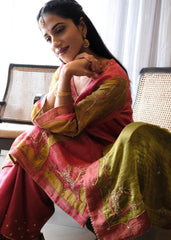 Coral pink striped tissue chanderi kurta set with deer motif embroidery