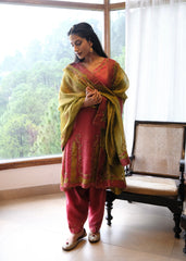 Coral pink striped tissue chanderi kurta set with deer motif embroidery