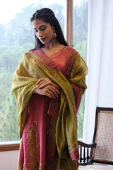 Coral pink striped tissue chanderi kurta set with deer motif embroidery
