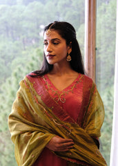 Coral pink striped tissue chanderi kurta set with deer motif embroidery