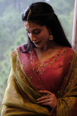Coral pink striped tissue chanderi kurta set with deer motif embroidery