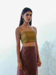 Burgundy striped chanderi kimono jacket and pants set with two toned green appliqué embroidery