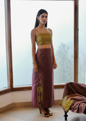 Burgundy striped chanderi kimono jacket and pants set with two toned green appliqué embroidery