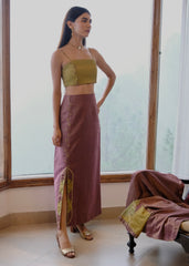 Burgundy striped chanderi kimono jacket and pants set with two toned green appliqué embroidery