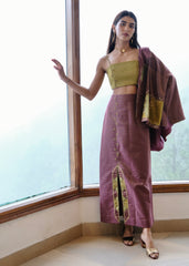 Burgundy striped chanderi kimono jacket and pants set with two toned green appliqué embroidery