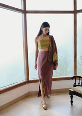 Burgundy striped chanderi kimono jacket and pants set with two toned green appliqué embroidery
