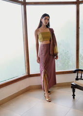 Burgundy striped chanderi kimono jacket and pants set with two toned green appliqué embroidery