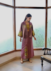 Burgundy striped chanderi kimono jacket and pants set with two toned green appliqué embroidery