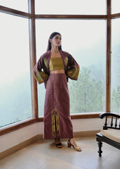 Burgundy striped chanderi kimono jacket and pants set with two toned green appliqué embroidery