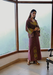 Burgundy striped chanderi kimono jacket and pants set with two toned green appliqué embroidery