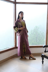 Burgundy striped chanderi kimono jacket and pants set with two toned green appliqué embroidery