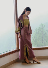 Burgundy striped chanderi kimono jacket and pants set with two toned green appliqué embroidery