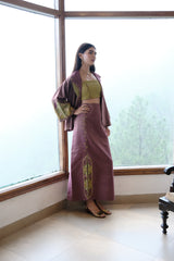 Burgundy striped chanderi kimono jacket and pants set with two toned green appliqué embroidery