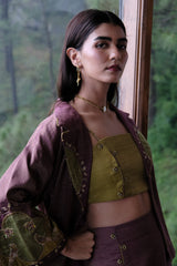 Burgundy striped chanderi kimono jacket and pants set with two toned green appliqué embroidery
