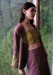 Burgundy striped chanderi kimono jacket and pants set with two toned green appliqué embroidery