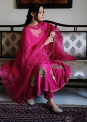 Rani pink georgette anarkali with peacock motif