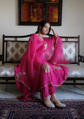 Rani pink georgette anarkali with peacock motif