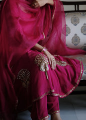 Rani pink georgette anarkali with peacock motif