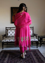 Rani pink georgette anarkali with peacock motif