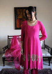 Rani pink georgette anarkali with peacock motif