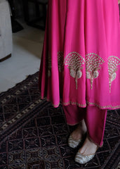 Rani pink georgette anarkali with peacock motif