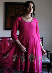Rani pink georgette anarkali with peacock motif